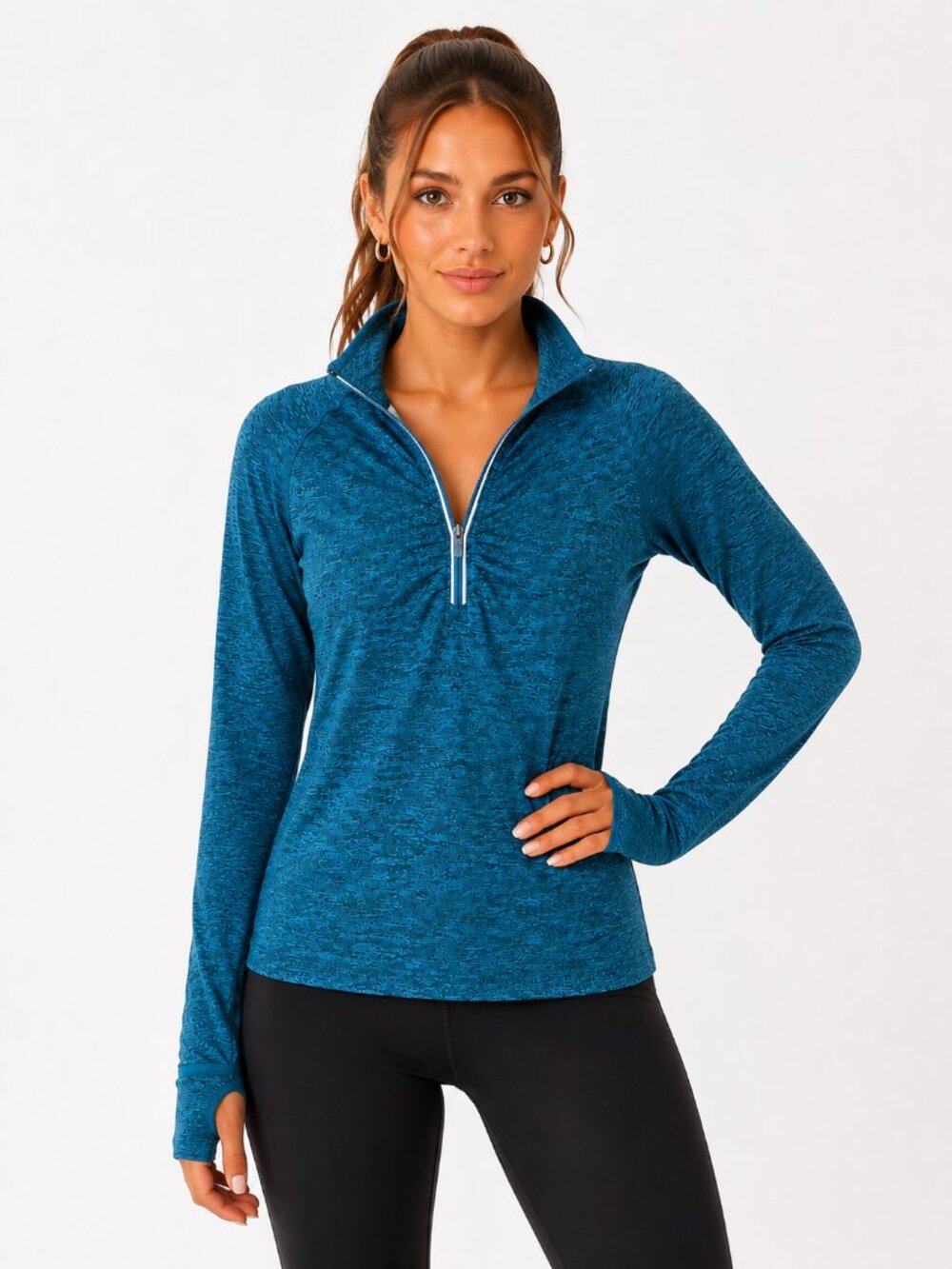Kirkland Signature Women's Teal Quarter Zip Athletic Pullover Thumb Holes Size S